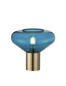 Hark Wide Table Lamp, 1 x E27, Antique Brass/Teal Blue Glass