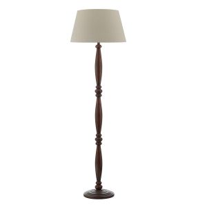 Hayward 1 Light E27 Dark Wood Effect Floor Lamp With Inline Foot Switch C/W Cezanne Taupe Faux Silk Tapered 45cm Drum Shade