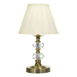 Hazel 1 Light E14 Antique Brass 3 Stage Touch Table Lamp With Clear Faceted Crystal C/W Ccrain Tapered Shade