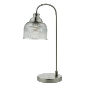 Hector 1 Light E27 Satin Nickel Industrial Feel Table Lamp With Inline Switch C/W Prismatic Textured Glass Shade