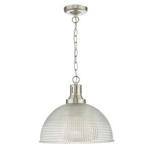 Hodges 1 Light E27 Satin Nickel Adjustable Pendant With Pressed Glass Prismatic Shade