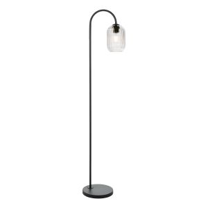 Idra 1 Light E27 Matt Black Floor Lamp With Inline Foot Switch C/W Clear Ribbed Glass Shade