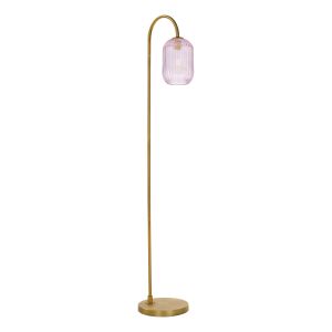 Idra 1 Light E27 Aged Bronze Floor Lamp With Inline Foot Switch C/W Pink Ribbed Glass Shade
