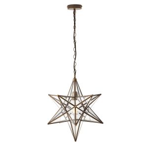 Ilario 1 Light E27 Antique Brass Small Adjustable Star Pendant With Clear Glass Panels