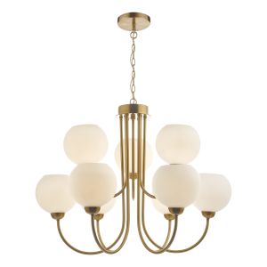 Indra 9 Light E14 Natural Brass Adjustable Pendant With Opal Glass Finish