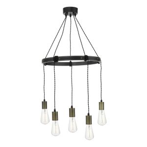 Ivan 5 Light E27 Rustic Wood With Aged Brass Detail Adjustable In An Industrial Style