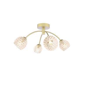 Izzy 4 Light G9 Matt Gold Semi Flush Ceiling Light C/W Clear Dimpled Open Style Glass Shade