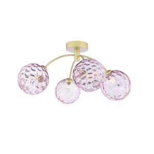 Izzy 4 Light G9 Matt Gold Semi Flush Ceiling Light C/W Pink Dimpled Glass Shades