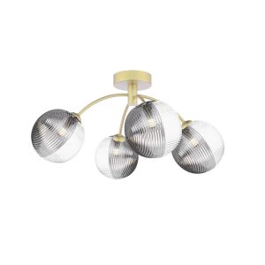 Izzy 4 Light G9 Matt Gold Semi Flush Ceiling Light C/W 15cm Smoked & Clear Ribbed Glass Shades