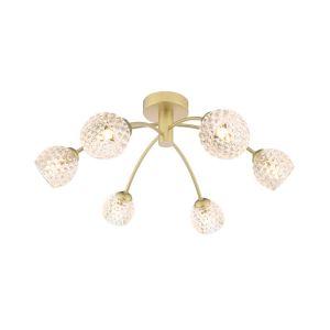 Izzy 6 Light G9 Matt Gold Semi Flush Ceiling Light C/W Clear Dimpled Open Style Glass Shade