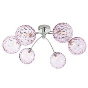 Izzy 6 Light G9 Polished Chrome Semi Flush Ceiling Light C/W Pink Dimpled Glass Shades