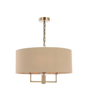 Jamelia 3 Light E14 Antique Brass Adjustable Ceiling Pendant C/W Taupe Cotton Shade
