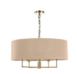 Jamelia 5 Light E14 Antique Brass Adjustable Ceiling Pendant C/W Taupe Cotton Shade