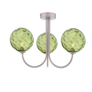 Jared 3 Light G9 Satin Nickel Semi Flush Ceiling Fitting C/W Green Dimpled Glass Shades