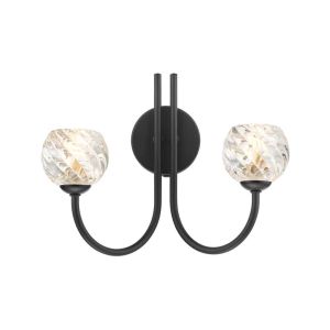 Jared 2 Light G9 Matt Black Wall Light With Pull C/W Clear Twisted Style Open Glass Shades