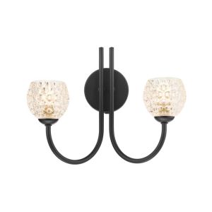 Jared 2 Light G9 Matt Black Wall Light With Pull C/W Clear Dimpled Open Style Glass Shades