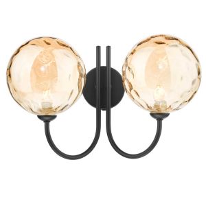 Jared 2 Light G9 Matt Black Wall Light With Pull C/W Champagne Dimpled Glass Shades