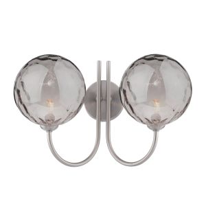 Jared 2 Light G9 Satin Nickel Wall Light With Pull Cord C/W Smoked Dimpled Glass Shades