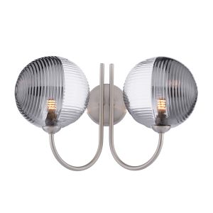 Jared 2 Light G9 Satin Nickel Wall Light With Pull Cord C/W 15cm Smoked & Clear Ribbed Glass Shades