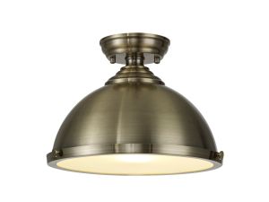 Jodel 1 Light Flush Ceiling E27 With Round 31cm Metal Shade Antique Brass/Frosted White