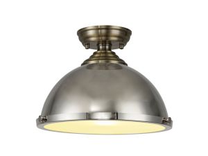 Jodel 1 Light Flush Ceiling E27 With Round 31cm Metal Shade Antique Brass/Polished Nickel/Frosted White