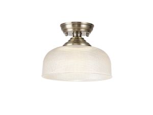 Jodel 1 Light Flush Ceiling E27 With Round 26.5cm Prismatic Effect Glass Shade Antique Brass/Clear