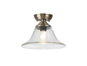 Jodel 1 Light Flush Ceiling E27 With Smooth Bell 30cm Glass Shade Antique Brass/Clear