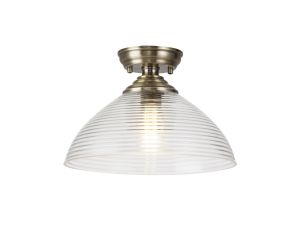 Jodel 1 Light Flush Ceiling E27 With Round 33.5cm Prismatic Effect Glass Shade Antique Brass/Clear