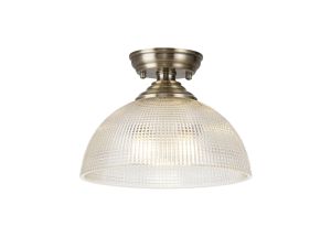 Jodel 1 Light Flush Ceiling E27 With Round 30cm Prismatic Effect Glass Shade Antique Brass/Clear