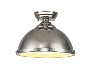 Jodel 1 Light Flush Ceiling E27 With Round 31cm Metal Shade Polished Nickel/Frosted White