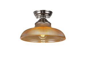 Jodel 1 Light Flush Ceiling E27 With Round 30cm Glass Shade Polished Nickel/Amber