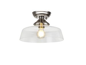 Jodel 1 Light Flush Ceiling E27 With Flat Round 30cm Glass Shade Polished Nickel/Clear