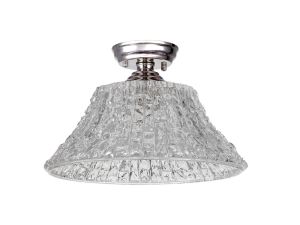 Jodel 1 Light Flush Ceiling E27 With Round 38cm Patterned Glass Shade Polished Nickel/Clear