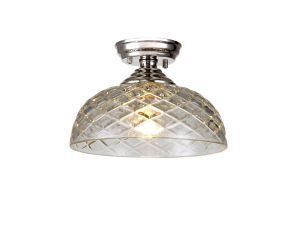Jodel 1 Light Flush Ceiling E27 With Flat Round 30cm Patterned Glass Shade Polished Nickel/Clear