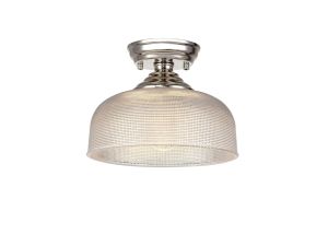 Jodel 1 Light Flush Ceiling E27 With Round 26.5cm Prismatic Effect Glass Shade Polished Nickel/Clear