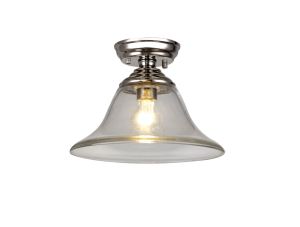 Jodel 1 Light Flush Ceiling E27 With Smooth Bell 30cm Glass Shade Polished Nickel/Clear