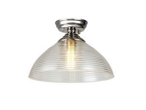Jodel 1 Light Flush Ceiling E27 With Round 33.5cm Prismatic Effect Glass Shade Polished Nickel/Clear