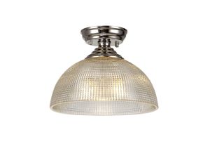Jodel 1 Light Flush Ceiling E27 With Round 30cm Prismatic Effect Glass Shade Polished Nickel/Clear