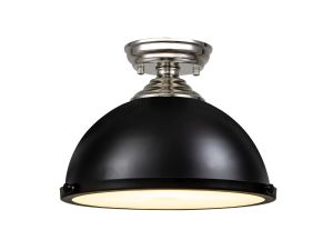Jodel 1 Light Flush Ceiling E27 With Round 31cm Metal Shade Polished Nickel/Matt Black/Frosted White