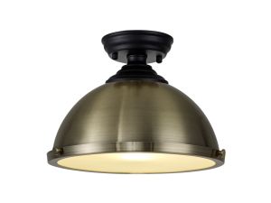 Jodel 1 Light Flush Ceiling E27 With Round 31cm Metal Shade Matt Black/Antique Brass/Frosted White