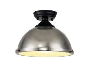 Jodel 1 Light Flush Ceiling E27 With Round 31cm Metal Shade Matt Black/Polished Nickel/Frosted White