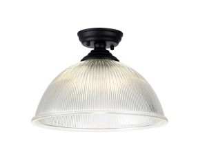 Jodel 1 Light Flush Ceiling E27 With Dome 38cm Glass Shade Matt Black/Clear