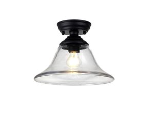 Jodel 1 Light Flush Ceiling E27 With Smooth Bell 30cm Glass Shade Matt Black/Clear