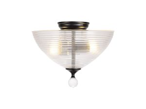 Jodel 2 Light Semi Flush Ceiling E27 With Round 33.5cm Prismatic Effect Glass Shade Matt Black/Clear