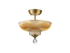 Jodel 2 Light Semi Flush Ceiling E27 With Round 30cm Glass Shade Antique Brass/Amber