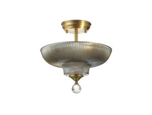 Jodel 2 Light Semi Flush Ceiling E27 With Round 30cm Glass Shade Antique Brass/Smoked