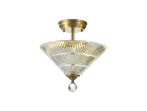 Jodel 2 Light Semi Flush Ceiling E27 With Cone 30cm Glass Shade Antique Brass/Clear