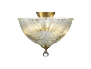 Jodel 2 Light Semi Flush Ceiling E27 With Dome 38cm Glass Shade Antique Brass/Clear