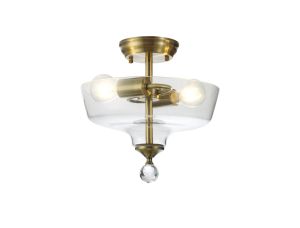 Jodel 2 Light Semi Flush Ceiling E27 With Flat Round 30cm Glass Shade Antique Brass/Clear