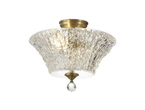Jodel 2 Light Semi Flush Ceiling E27 With Round 38cm Patterned Glass Shade Antique Brass/Clear
